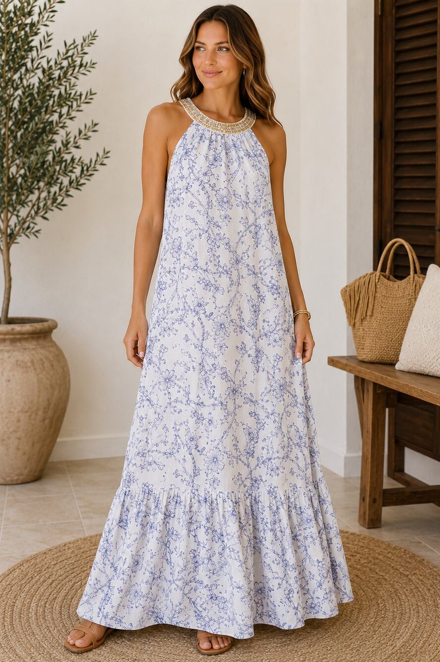 120% Lino Linen Beaded Halter Maxi Dress Floral White Blue EU 38 US 6 Coastal